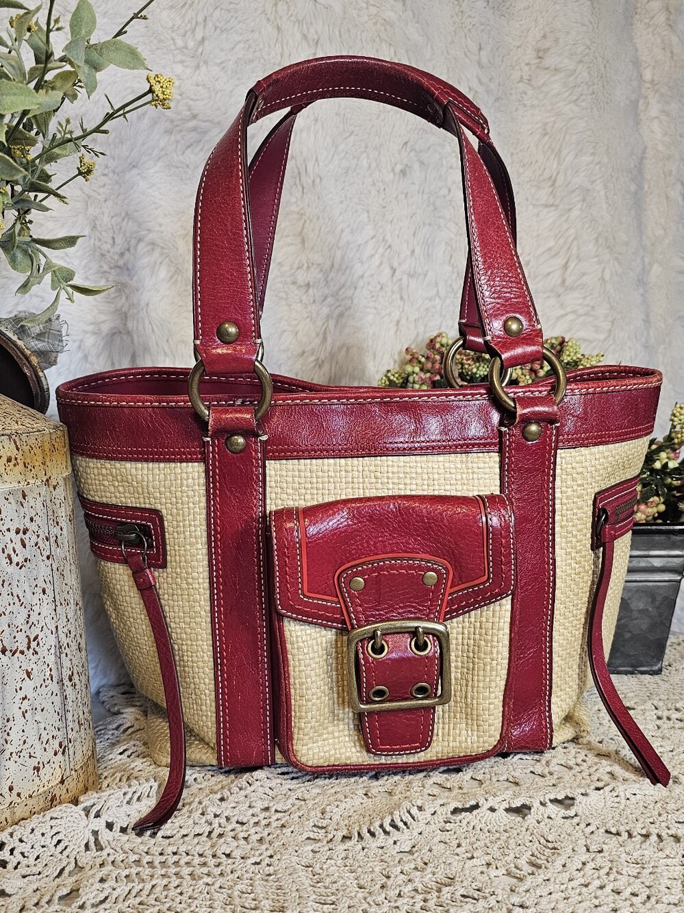 Coach Legacy Straw and Leather Tote with Red Leather Trim and Brass Buckle